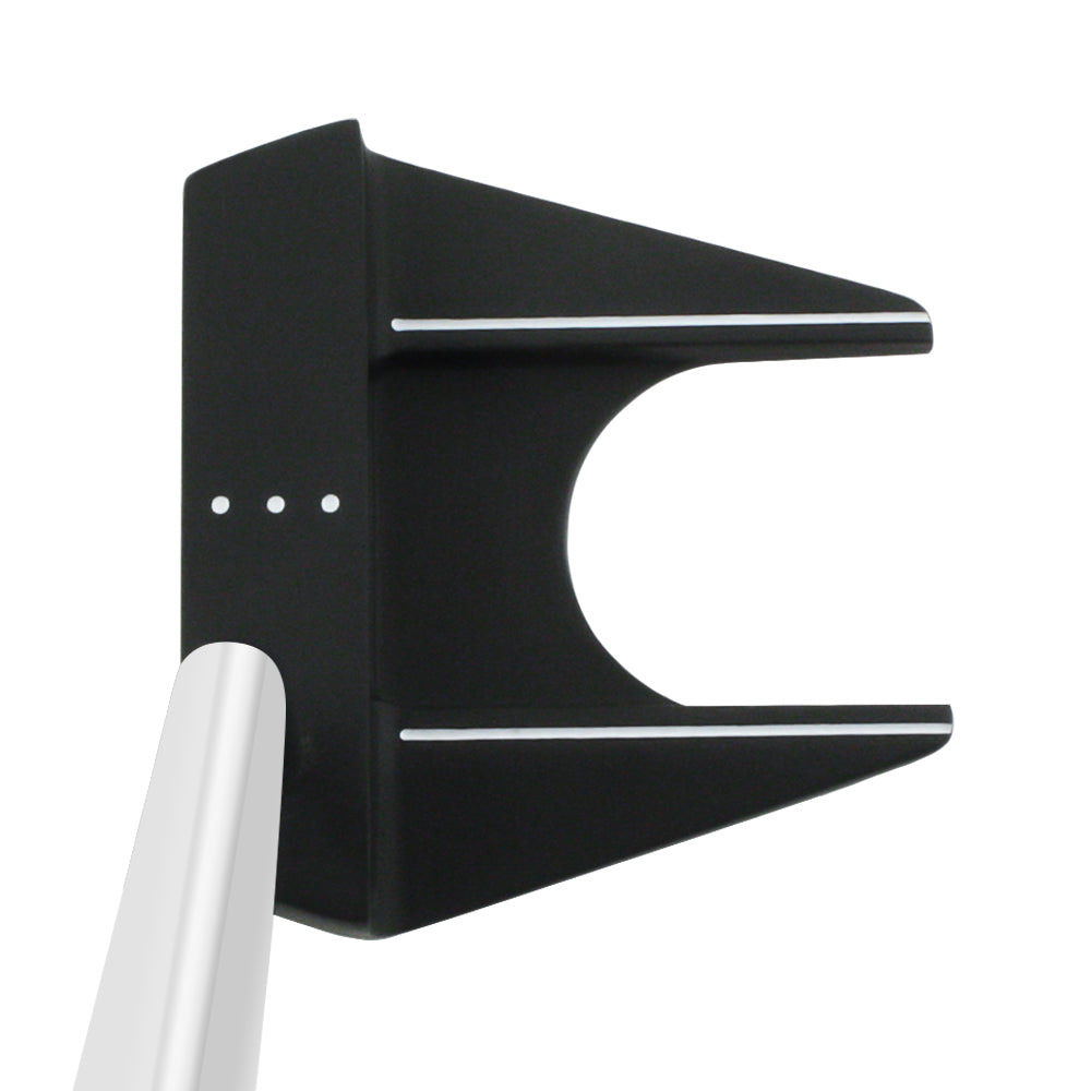 Inazone ZH Mallet putter head in black viewed from above at address, showing white sight lines and alignment dots