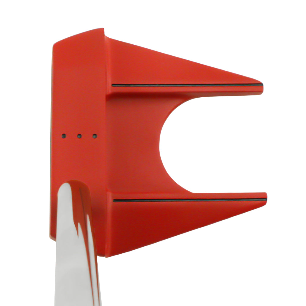 Inazone ZH Mallet putter head in red viewed from above at address, showing black sight lines and alignment dots