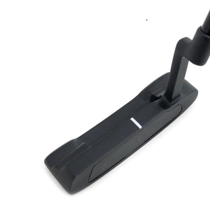 Inazone Blade putter head in black viewed at an angle from behind, showing the white sight line and plumber's neck hosel