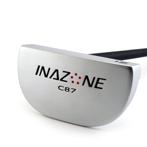 Sole of the Inazone C87 center shaft putter with Inazone C87 branding