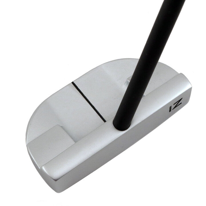 Inazone C87 center shaft mallet putter in satin silver, 3/4 view from behind showing the sight line