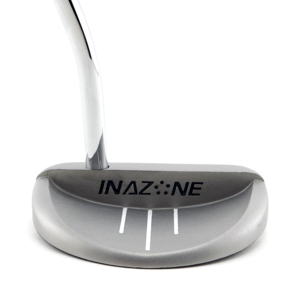 Inazone Cauldron mallet putter head in matte gray viewed from behind, showing the rounded back and sight lines