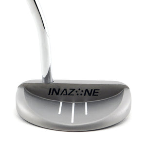 Inazone Cauldron mallet putter head in matte gray viewed from behind, showing the rounded back and sight lines