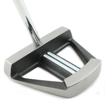 Inazone Hefty mallet putter, 3/4 view from behind showing the open frame and twin white sight lines