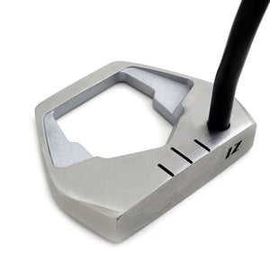 Inazone Marauder winged mallet putter head in brushed silver fitted with a black shaft, viewed at an angle