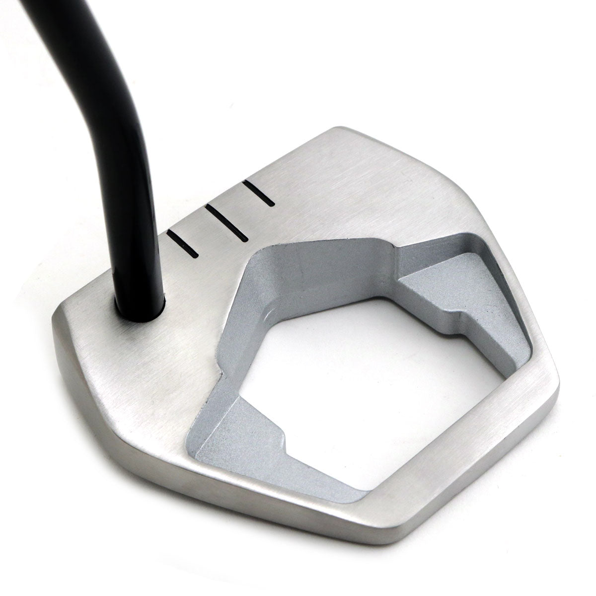 Inazone Marauder winged mallet putter head in brushed silver viewed from above, showing the open center and sight lines