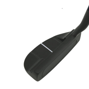 Inazone Mid Mallet putter head in black viewed at an angle from behind, showing the white sight line on the flange