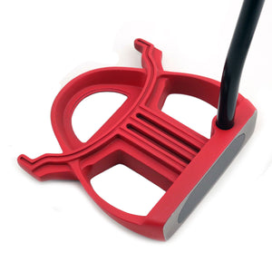 Inazone Modella putter head in red viewed at an angle, showing the winged mallet shape and three sight lines
