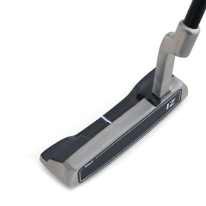 Inazone SCX blade putter head in gray viewed at an angle from behind, showing the plumber's neck hosel