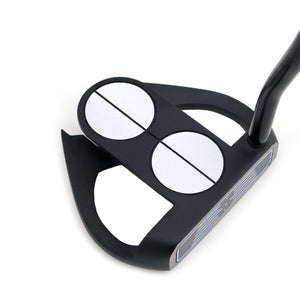Inazone Sidewinder putter head in black viewed at an angle from behind, showing the two white alignment circles