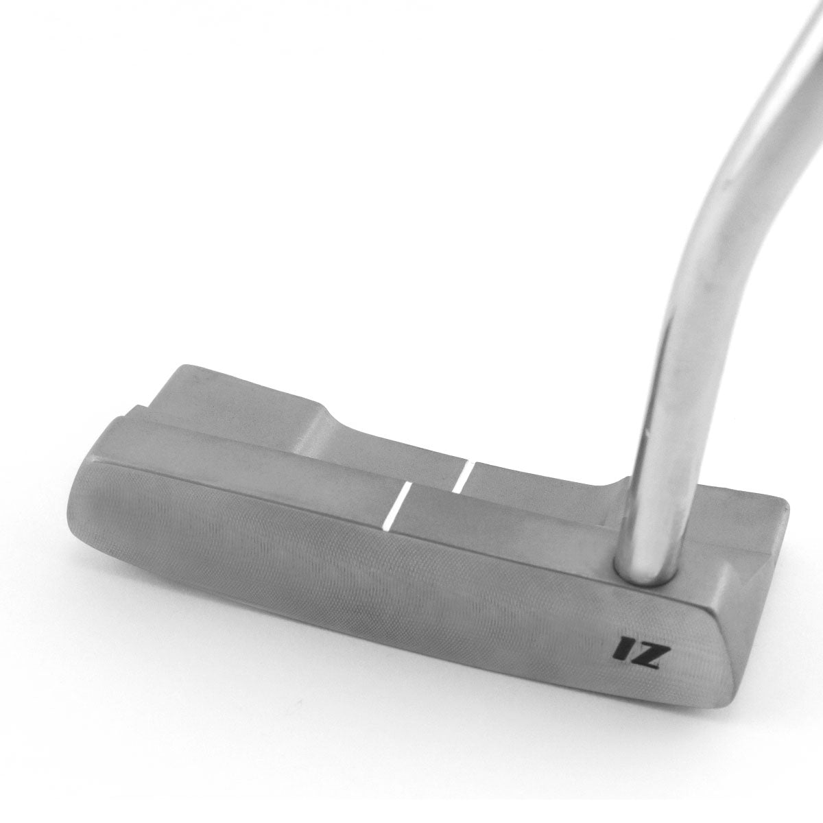 Inazone Wide 1 wide blade putter head in gray viewed at an angle from the toe side with a chrome shaft
