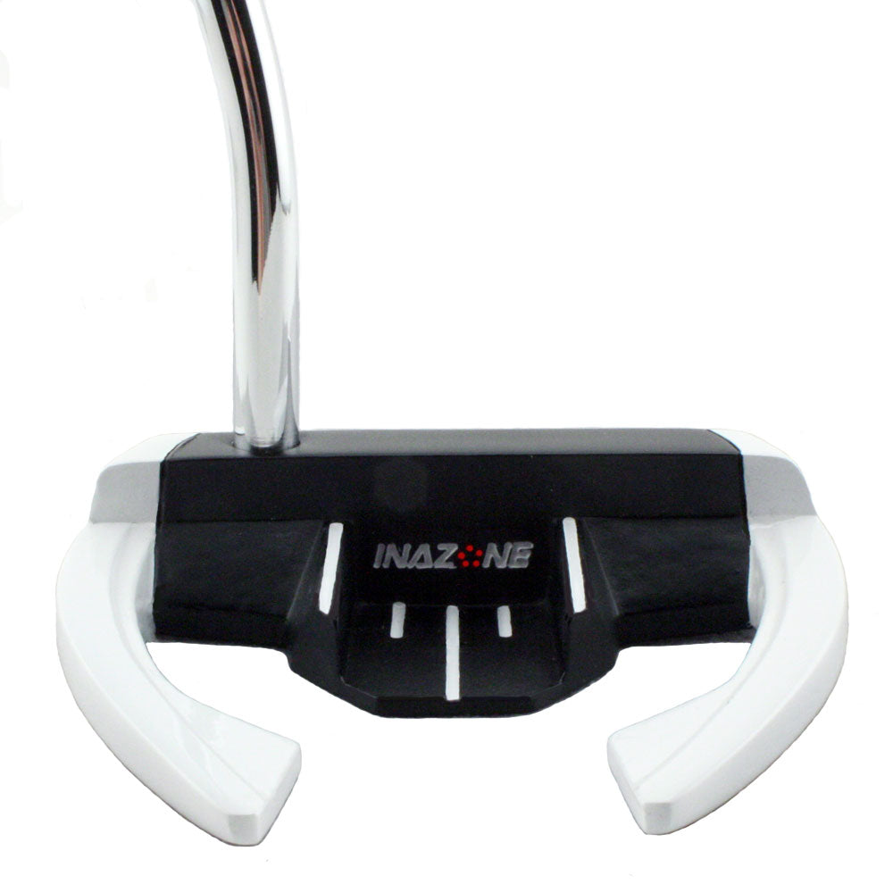 Inazone ZMBE mallet putter head in black and white viewed from behind with a chrome shaft, showing Inazone branding and sight lines