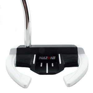 Inazone ZMBE mallet putter head in black and white viewed from behind with a chrome shaft, showing Inazone branding and sight lines