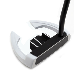 Inazone ZMBE mallet putter head in black and white viewed at an angle from the front, showing the face and open wings
