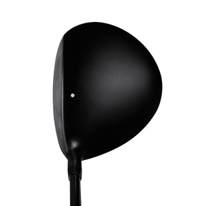 Juggernaut Max fairway wood crown viewed from above at address, a plain glossy black pear shape