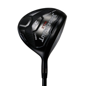 Juggernaut Max fairway wood seen from the sole, with Juggernaut Max branding across a black sole and a red accent