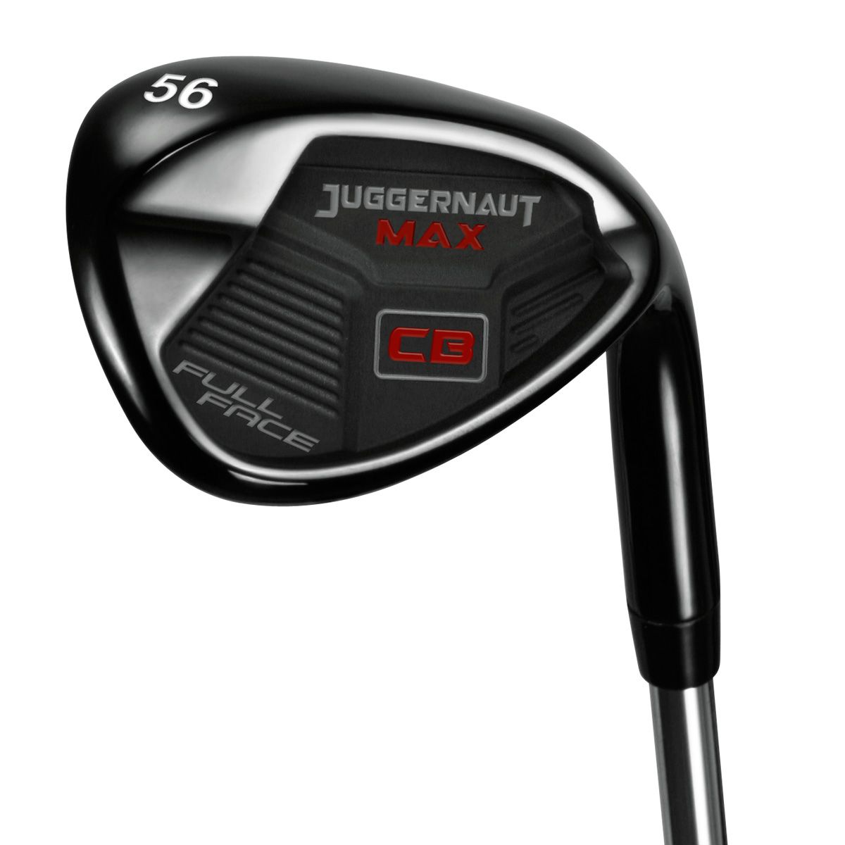 Juggernaut Max full face wedge head in black finish, back view, showing the Juggernaut Max name, the red CB badge and the 56 degree loft stamped on the toe.