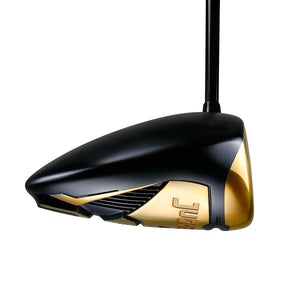 Juggernaut Max Gold driver seen in profile from behind, showing the black crown and gold sole trim