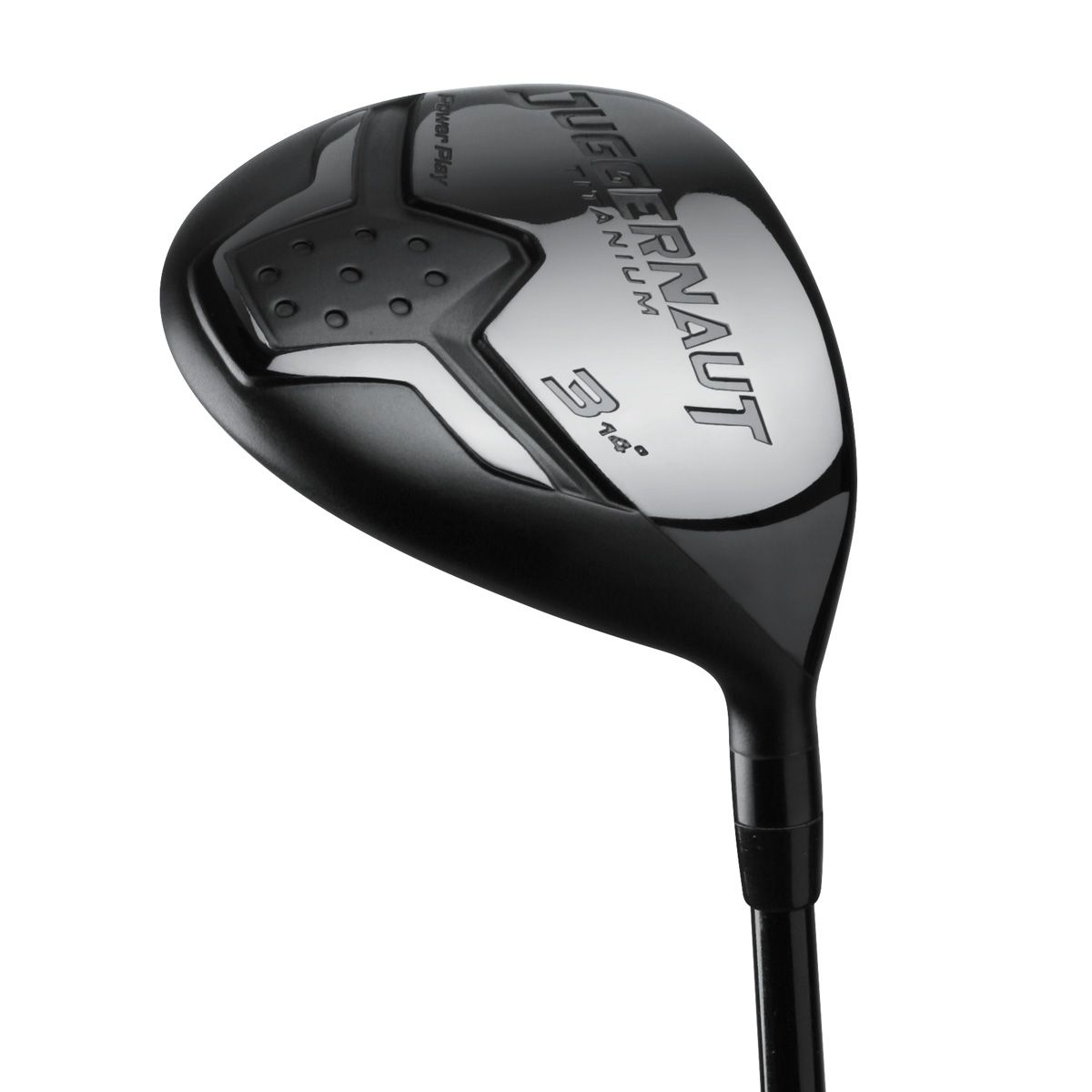 Juggernaut titanium fairway wood seen from the sole and toe, with Juggernaut branding across a black and silver sole