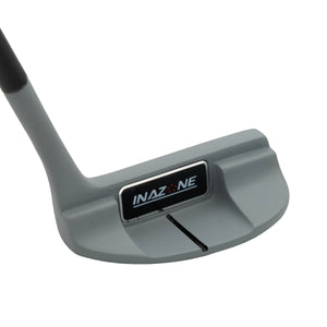 Inazone Mid Mallet putter head in gray viewed at an angle from behind, showing the Inazone badge and sight line