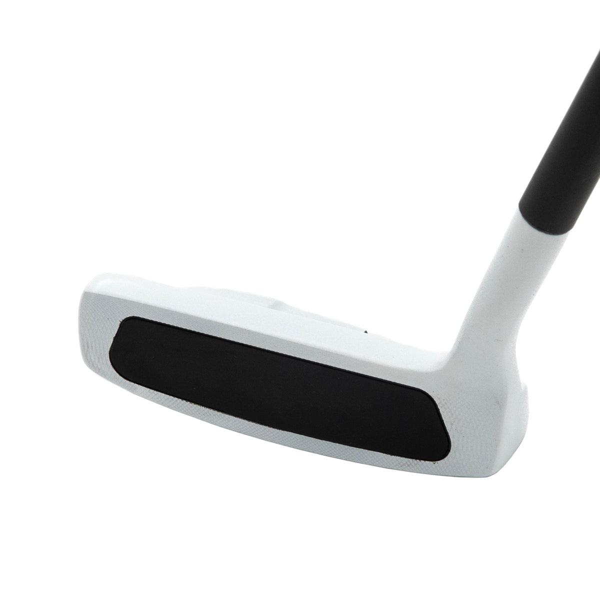 Inazone Mid Mallet putter head in white viewed at an angle from the front, showing the black face insert