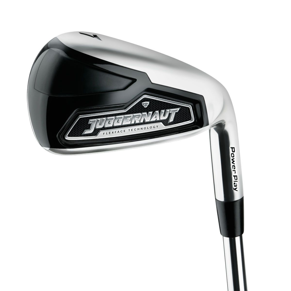 Power Play Juggernaut iron head, back view, showing the chrome cavity back with the Juggernaut badge and perimeter weighting.