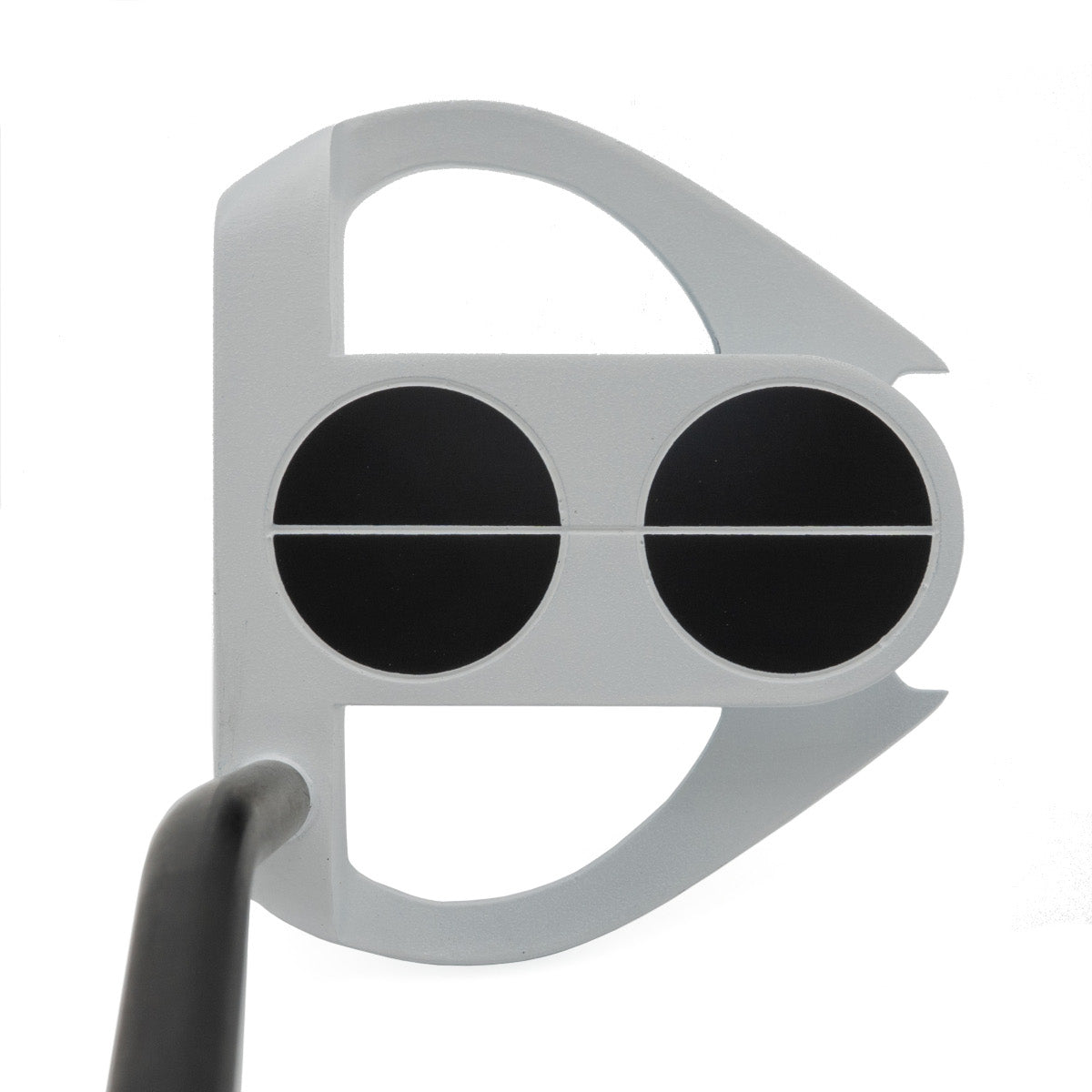 Inazone Sidewinder putter head in white viewed from above at address, showing the dual black alignment circles
