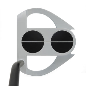 Inazone Sidewinder putter head in white viewed from above at address, showing the dual black alignment circles