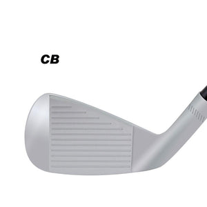 SMT CB-3 forged iron clubhead shown face-on at address, labelled CB, with a chrome finish and a grooved hitting face