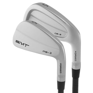 Three SMT forged combo iron clubheads fanned out and viewed from behind, showing the CB-3 and MB-3 cavity and muscle backs