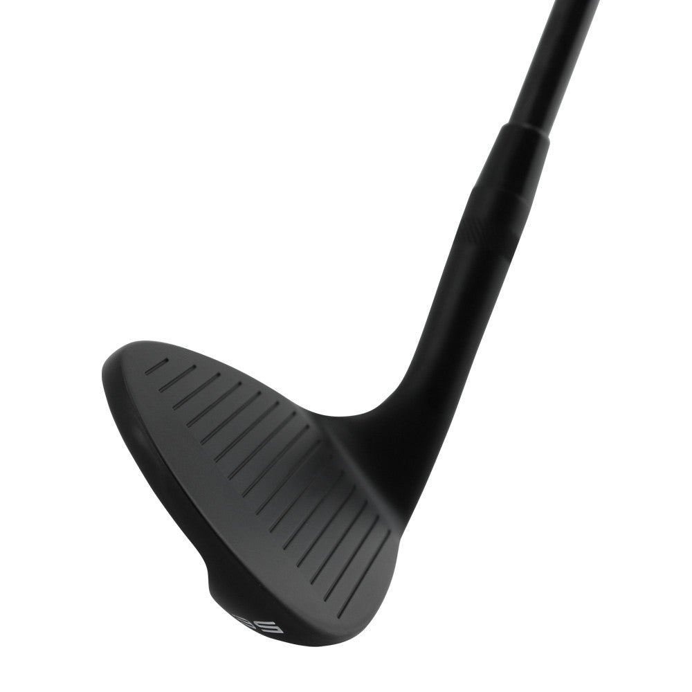SMT Durometer 2.0 wedge head in Tour Black PVD, toe view, showing the blade profile and sole grind from the toe side.
