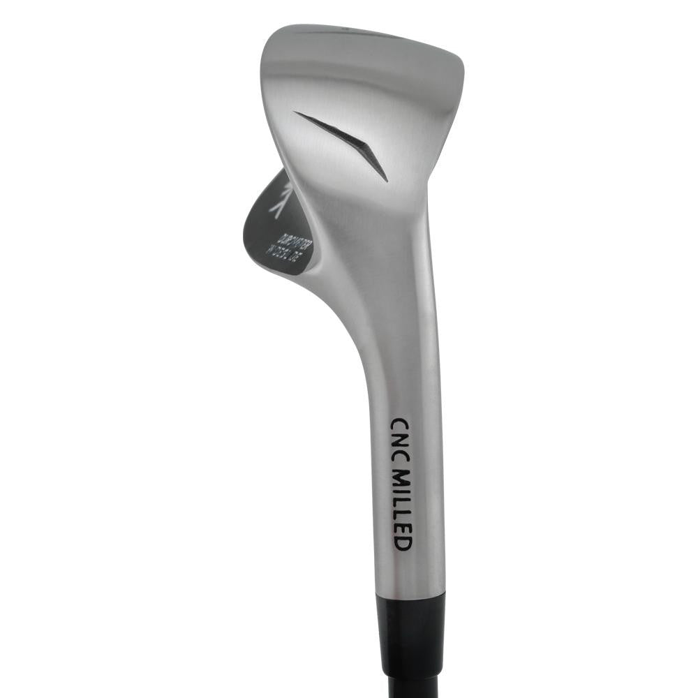 SMT Durometer Wide Glide wedge head in satin finish, heel view, showing the hosel, heel relief and CNC Milled stamping.
