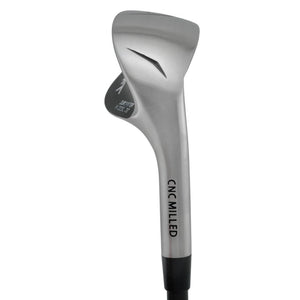 SMT Durometer Wide Glide wedge head in satin finish, heel view, showing the hosel, heel relief and CNC Milled stamping.