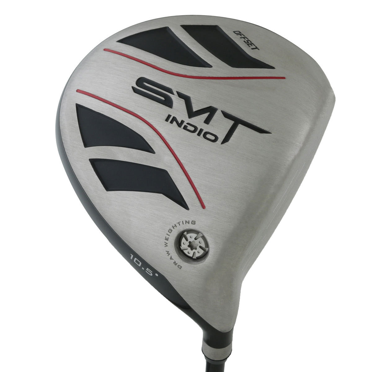 SMT Indio Offset Anti-Slice driver head, sole view, showing the silver and black sole with the SMT Indio badge and red accents.