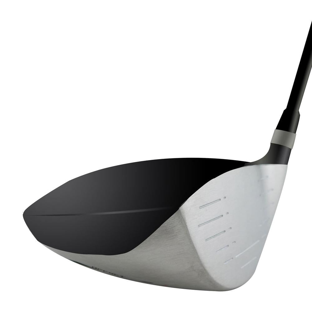 SMT Indio Offset Anti-Slice driver head, toe view, showing the offset hosel and the black crown meeting the silver sole.