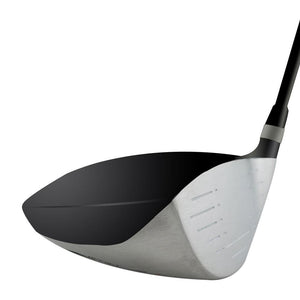 SMT Indio Offset Anti-Slice driver head, toe view, showing the offset hosel and the black crown meeting the silver sole.