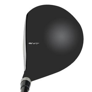 SMT Indio Offset Anti-Slice fairway wood head, crown view, showing the glossy black crown with the small SMT alignment mark behind the topline.