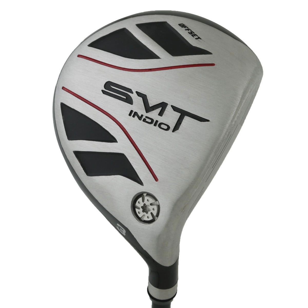 SMT Indio Offset Anti-Slice fairway wood head, sole view, showing the black and silver sole with the SMT Indio markings.
