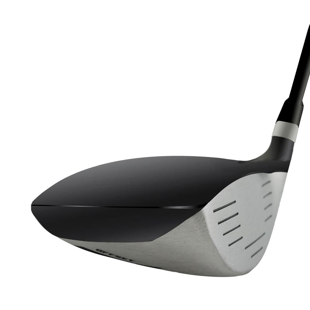 SMT Indio Offset Anti-Slice fairway wood head, toe view, showing the offset hosel and the black crown meeting the silver sole.