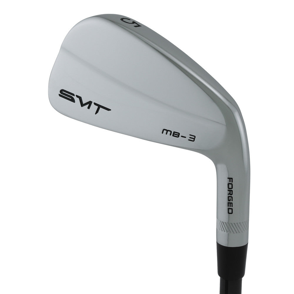 SMT MB-3 forged blade iron clubhead viewed from behind, with a brushed chrome muscle back carrying SMT and MB-3 Forged lettering