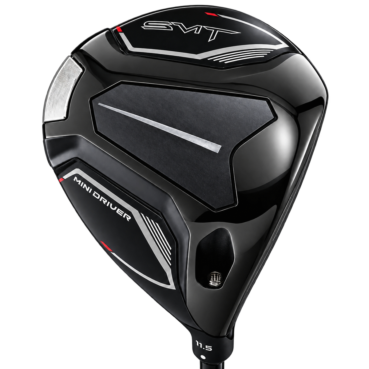 SMT mini driver head, sole view, showing the black sole with the SMT and Mini Driver graphics, rear weight port and adjustable hosel.