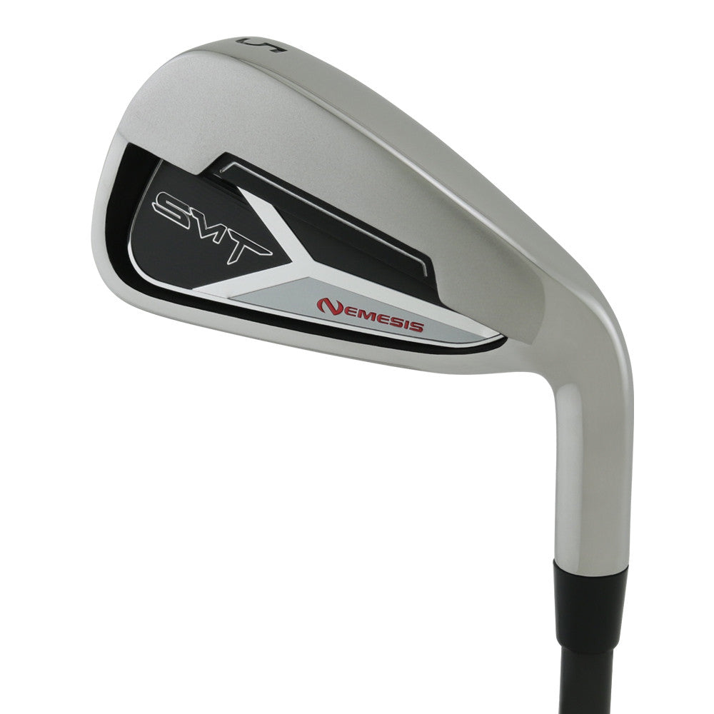 SMT Nemesis iron clubhead viewed from behind, with a satin cavity back carrying a black and red Nemesis badge