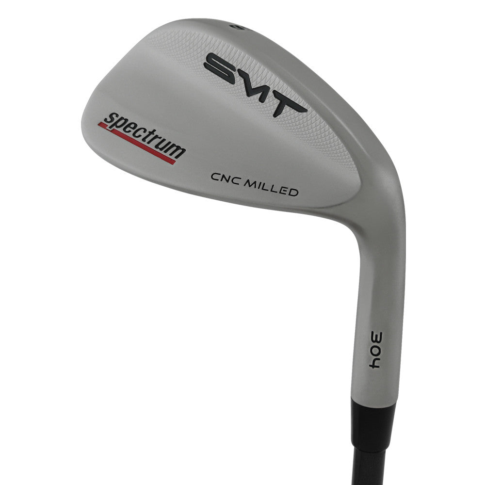 SMT Spectrum Tour CNC milled wedge head in satin finish, back view, showing the blade back with the SMT badge and milled cavity detail.