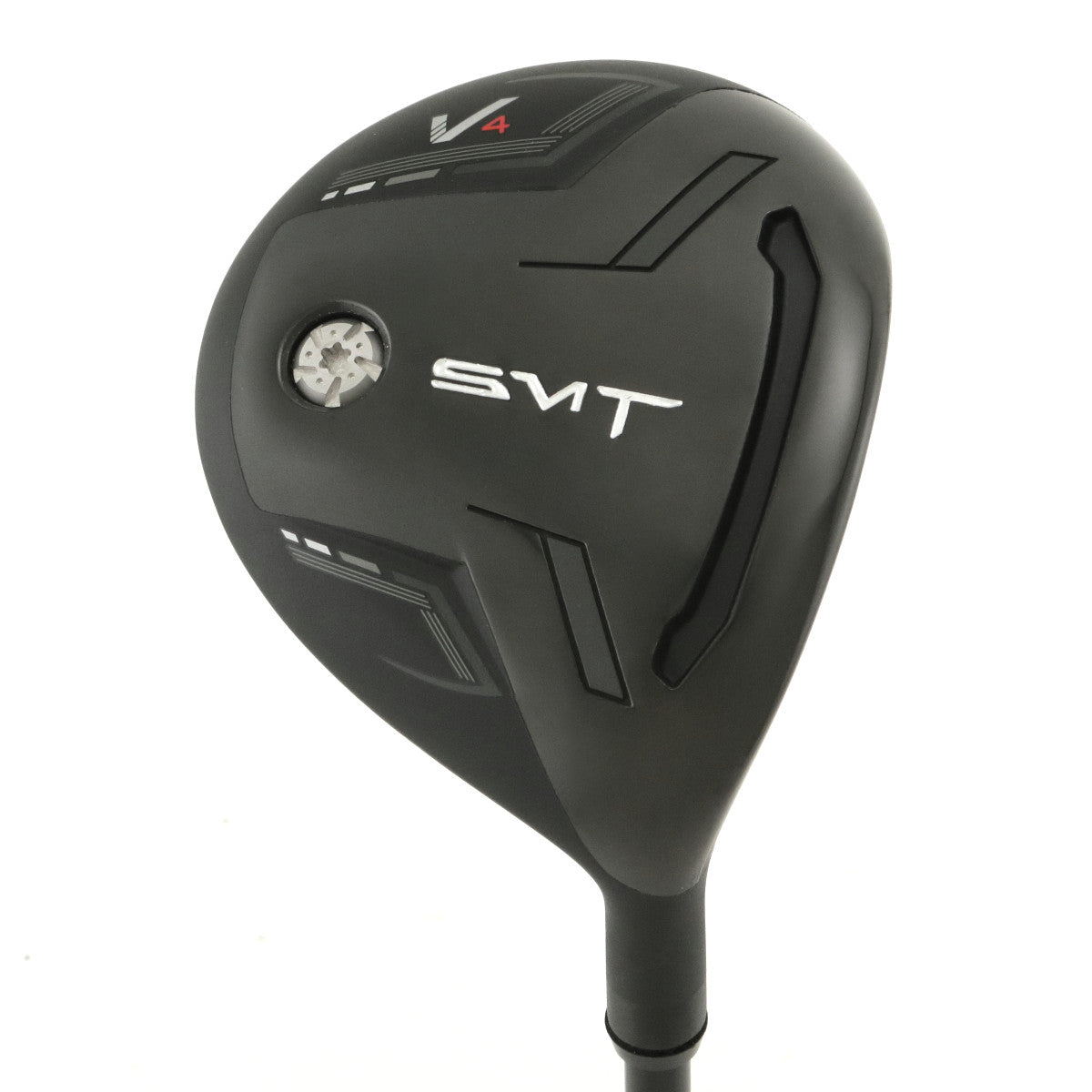 SMT V4 fairway wood head, sole view, showing the dark sole with the SMT badge and V4 markings.