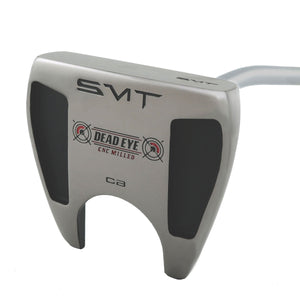 Sole of the SMT Dead Eye CB winged mallet putter with SMT and Dead Eye CB logos