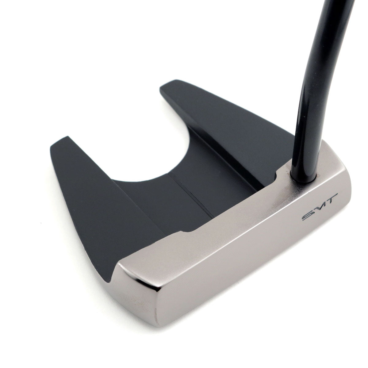 Elevated view of the SMT Dead Eye CB mallet head with black wings and silver face