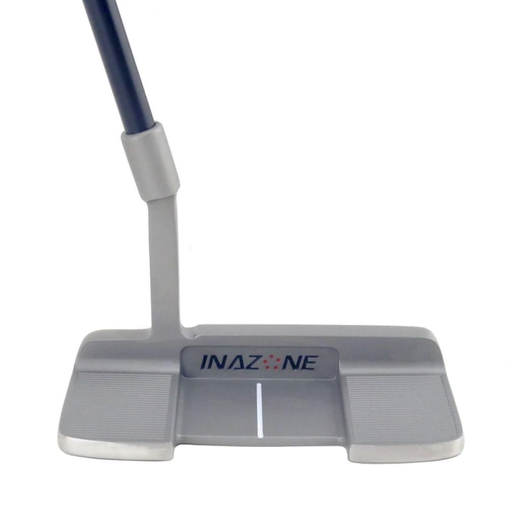 Inazone StandPoint stand-alone blade putter in satin stainless steel, rear view showing the Inazone logo