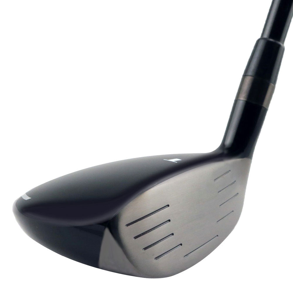 Turner S-1 hybrid clubhead seen from the toe, with a dark navy crown and a grooved silver face