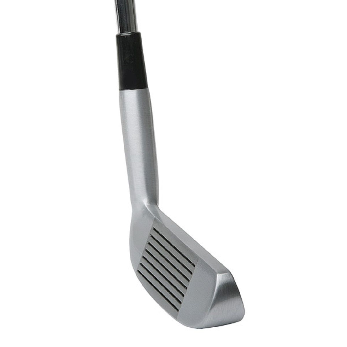 Two-way chipper clubhead shown from the face at an angle, with a satin finish and a grooved hitting face on both sides