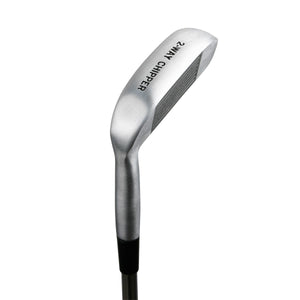 Two-way chipper clubhead viewed from the sole, showing the satin finish and symmetrical double-sided head
